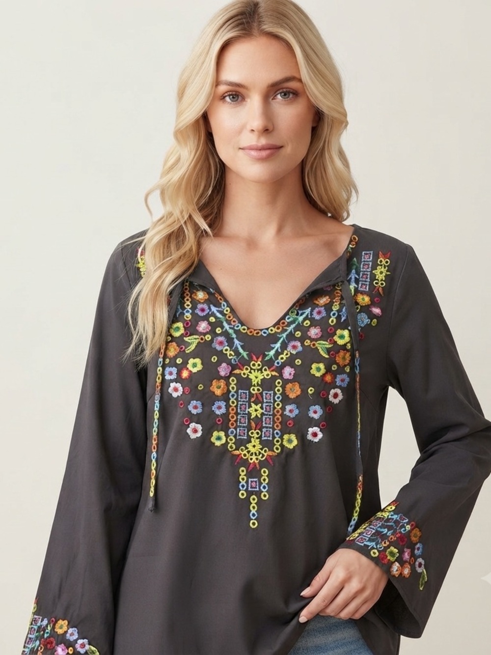 MISSLOOK Brown Peasant Tunic Top Embroidered Boho Artsy Flowy Size Small